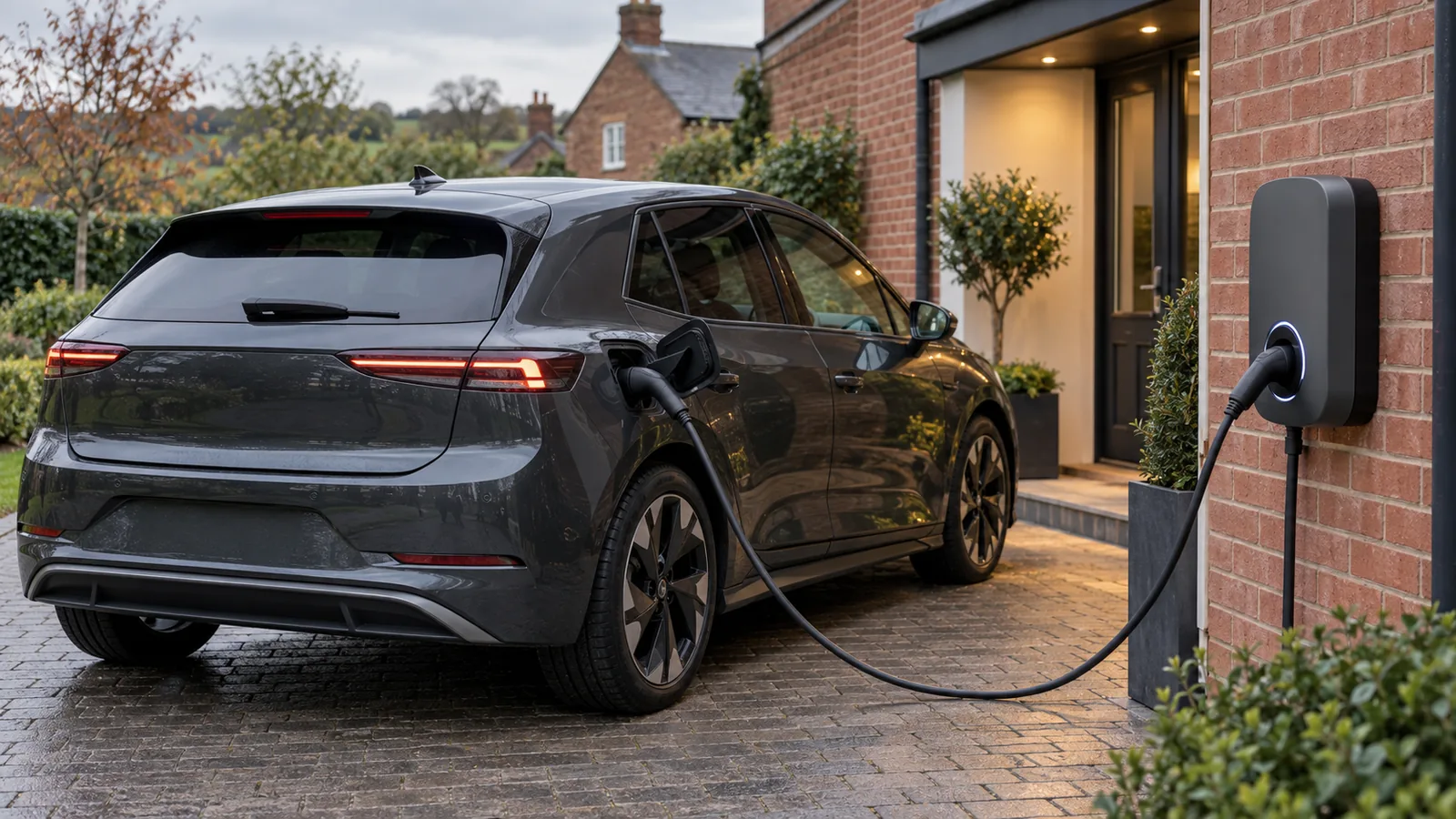 Electric car connected to a wall-mounted home charging point
