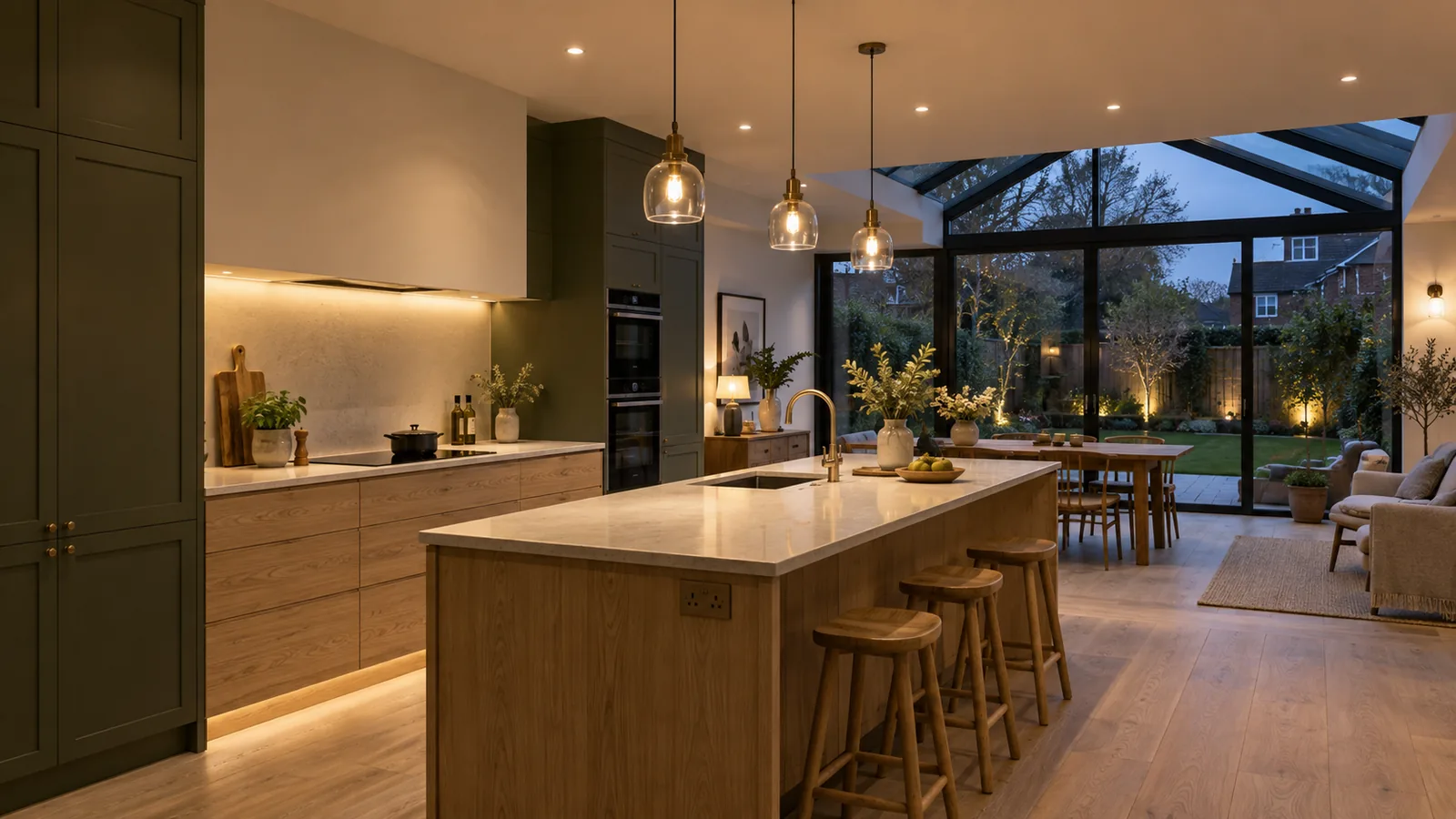 Warm recessed and pendant lighting in a contemporary kitchen and garden room