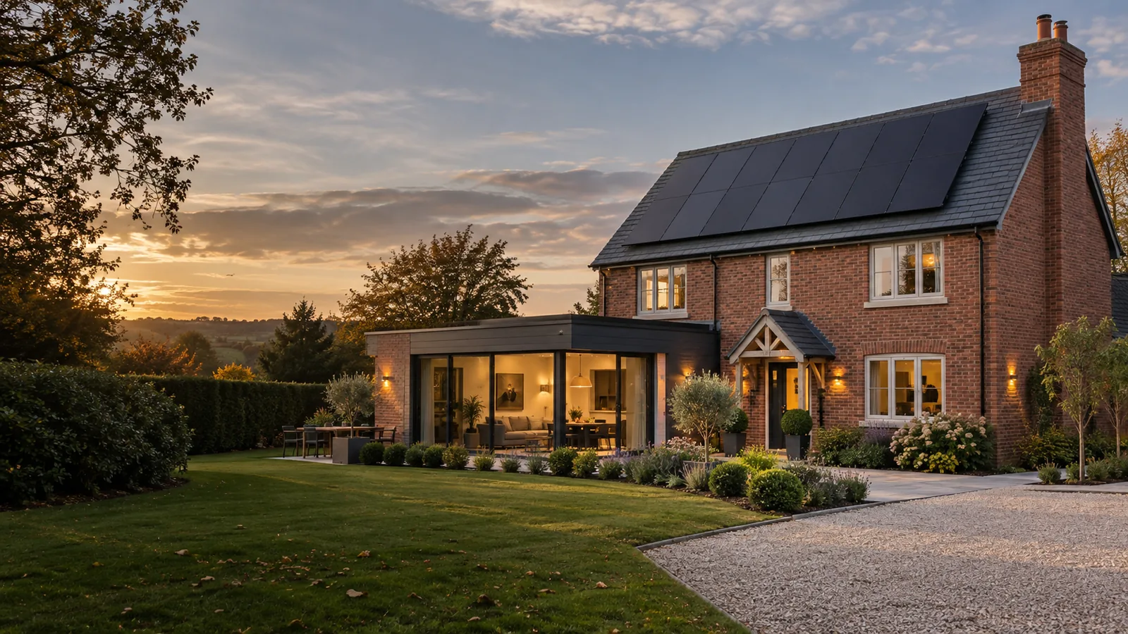 Solar panels on a red-brick house with a contemporary extension at dusk